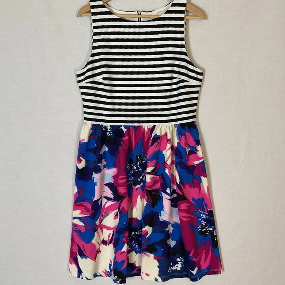 LONDON TIMES Dress Size 14 Stripes Black White Floral Pink Blue Polyester Spande - Picture 1 of 8